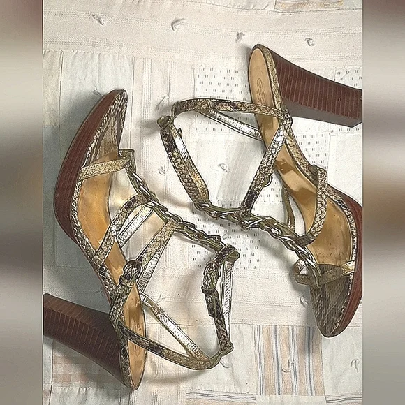 COACH | Green-ish Snake Skin Gold Ankle Strap Heels - Picture 4 of 16
